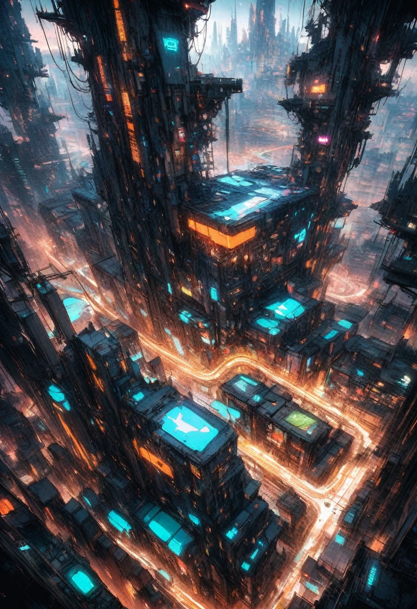 A futuristic, cyberpunk cityscape, incredibly detailed, intricate machinery, glowing blue and orange lights, circuit boards, robots, digital organisms, neon colors, a sense of depth and layers, vivid and surreal