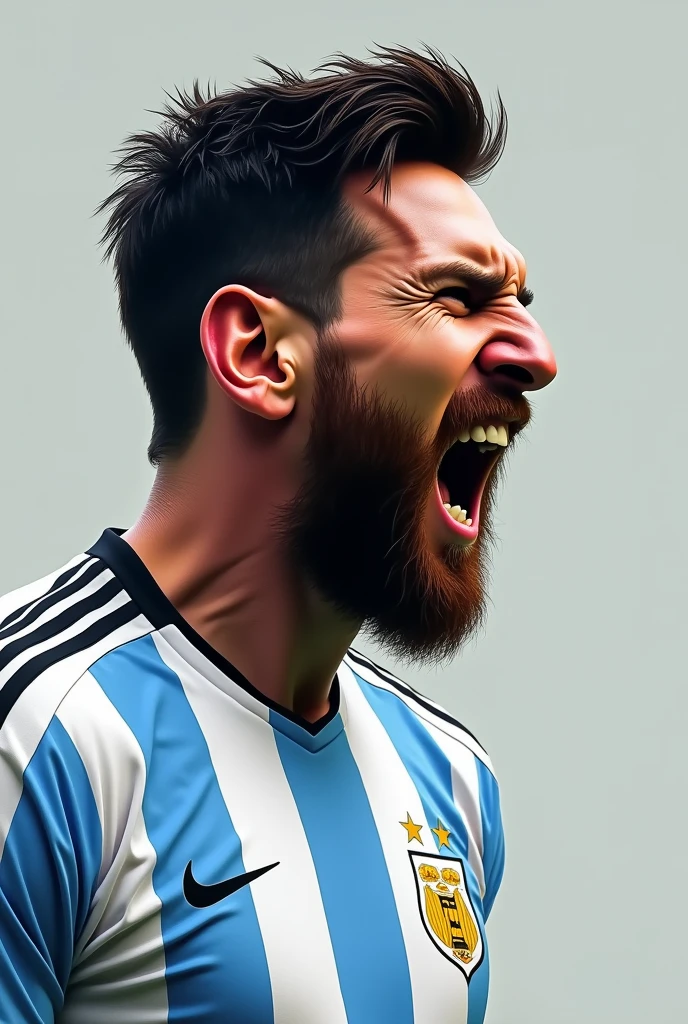 LIONEL MESSI looking from the left profile with a beard very angry wearing the Argentina shirt