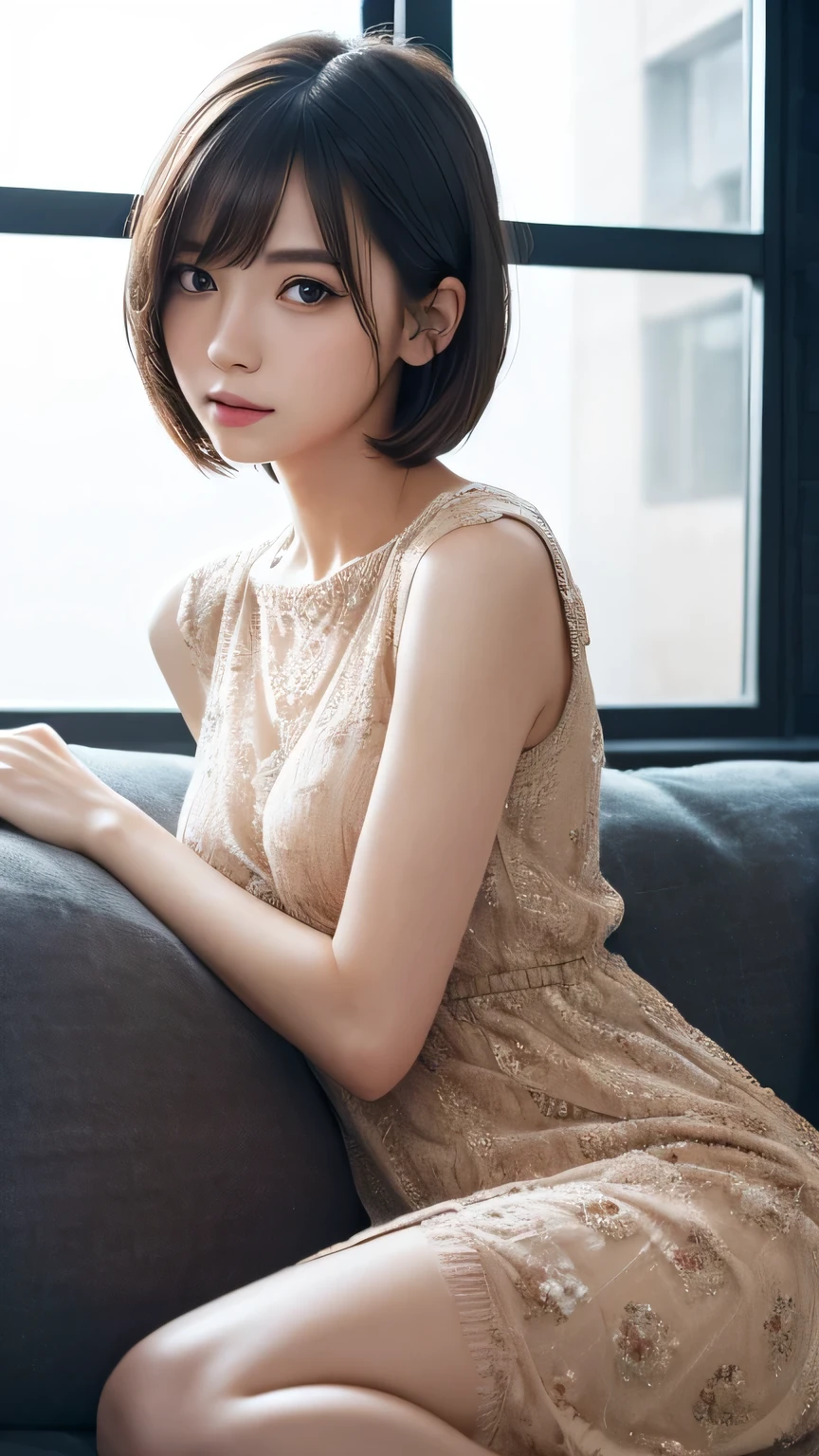 (Ultra-realistic), (figure), (High resolution), (8k), (Very detailed), (Best figure), (Beautiful and detailed), (Highest quality), (Super detailed), (masterpiece), (wallpaper), (Detailed face), alone, One Girl, watching viewer, Trendy dresses,Less exposure、Fine details, Detailed face, In the Dark, Deep Shadow, Modest, Pure Erotic Face Ace_v1, cool, short hair, Pointed diagonal bangs,Sit on the sofa、Cute room、Living alone、table