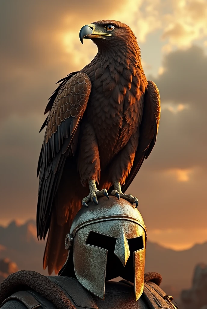 Eagle sitting on Spartan helmet, cinematic, ultra realistic, warm, wallpaper 