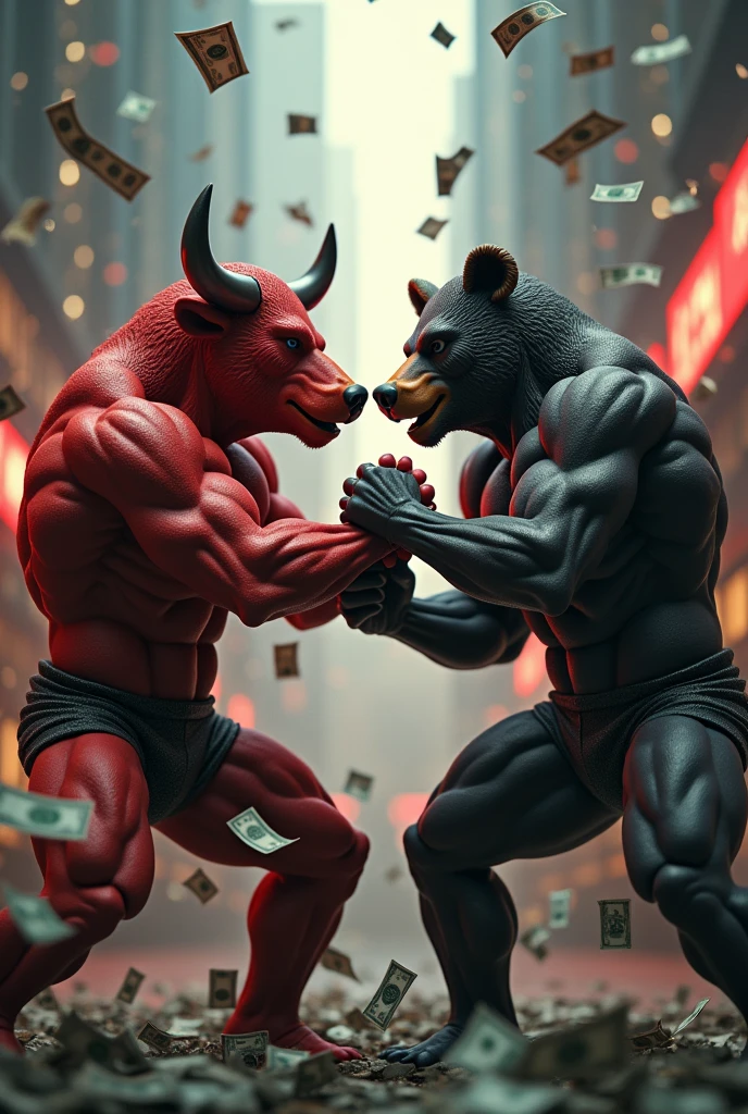 3D color image of a man with a red bull's head and another man with a bear's head wearing a suit, both are in arm wrestling pose with a background of share market candlesticks, stock market charts, dollar bills flying around, and falling stock prices