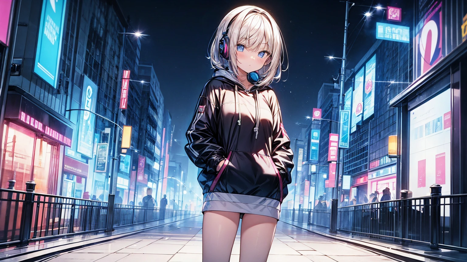 masterpiece, girl alone, solo, incredibly absurd, hoodie, headphones, street, outdoor, neon,