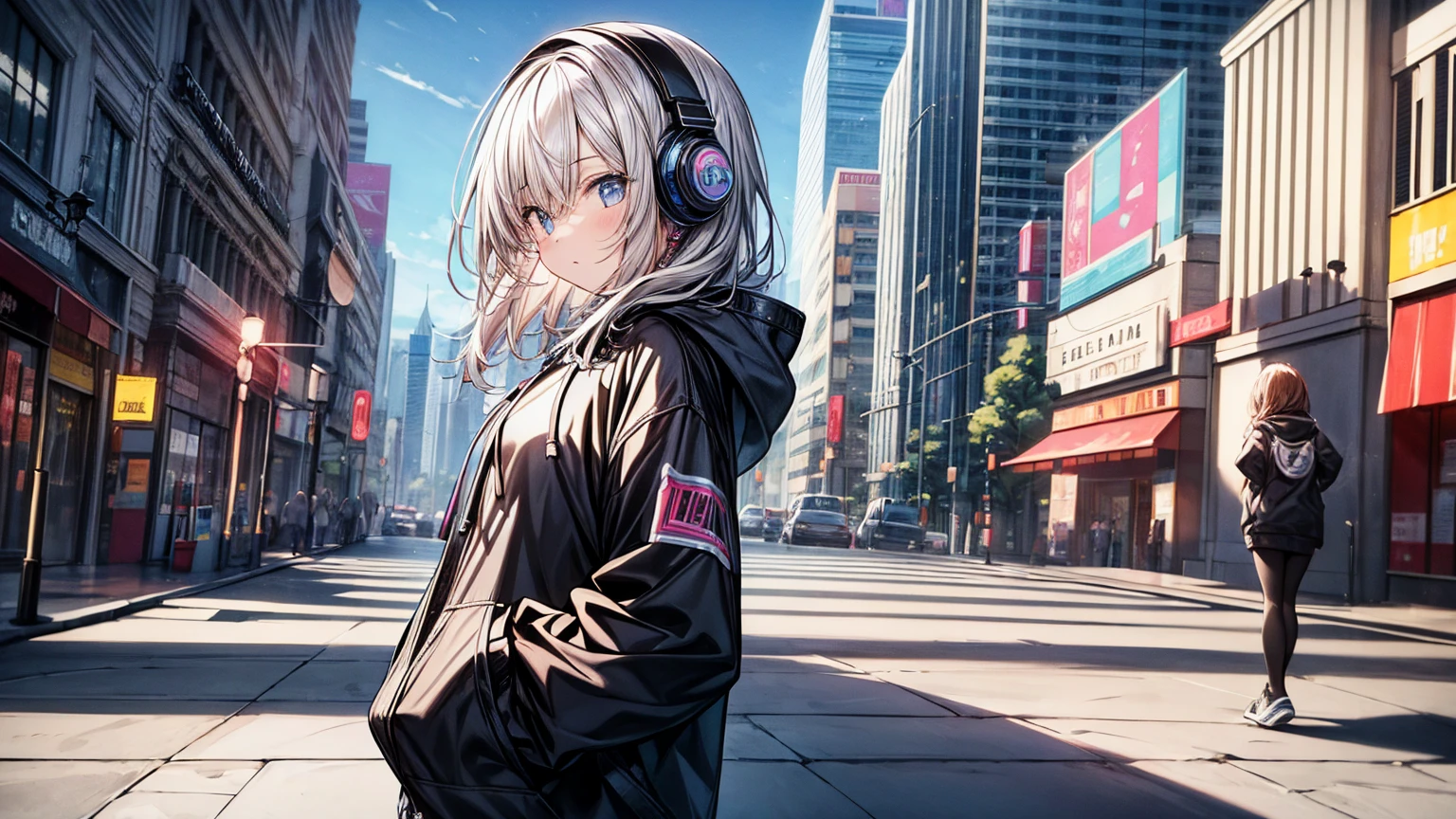 masterpiece, girl alone, solo, incredibly absurd, hoodie, headphones, street, outdoor, neon,