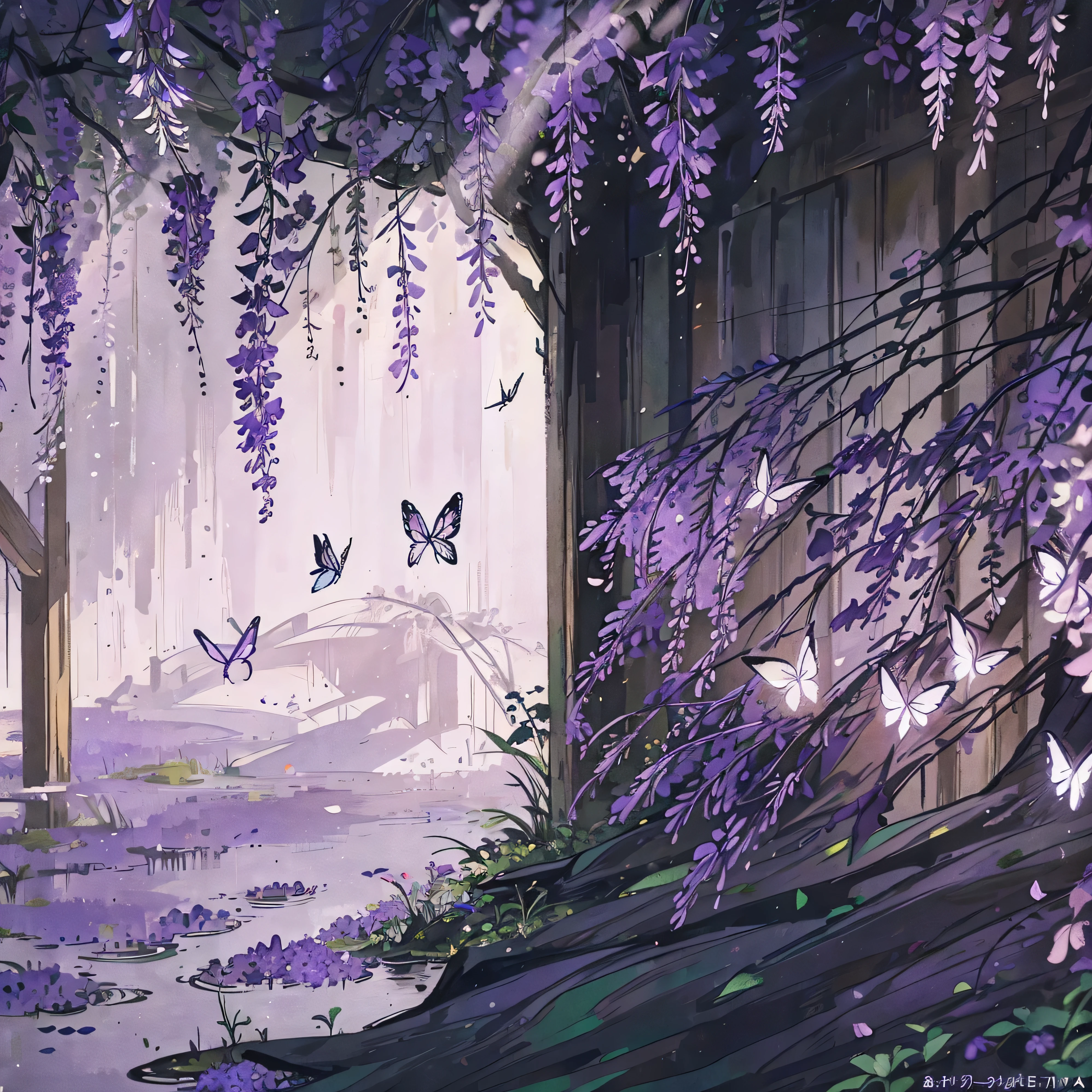 wisteria forest,  dark night, Beautifully Aesthetic,wisteria, peace, tranquility, serenity, petals, butterflies, decent