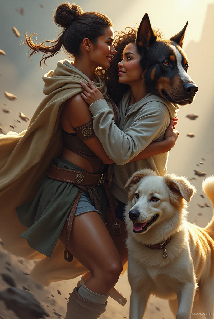 A lesbian warrior, with brown skin and hair tied in a bun, has a large brown dog with a white stripe on its face and saved her girlfriend, a princess with long curly hair who wears a sweatshirt, who has a small white dog.