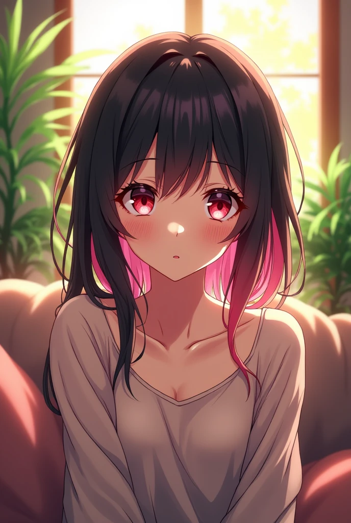 Anime girl, black pink mixing hairs red eyes,soft lighting, plants in background, window with sunlight, cozy room age 15