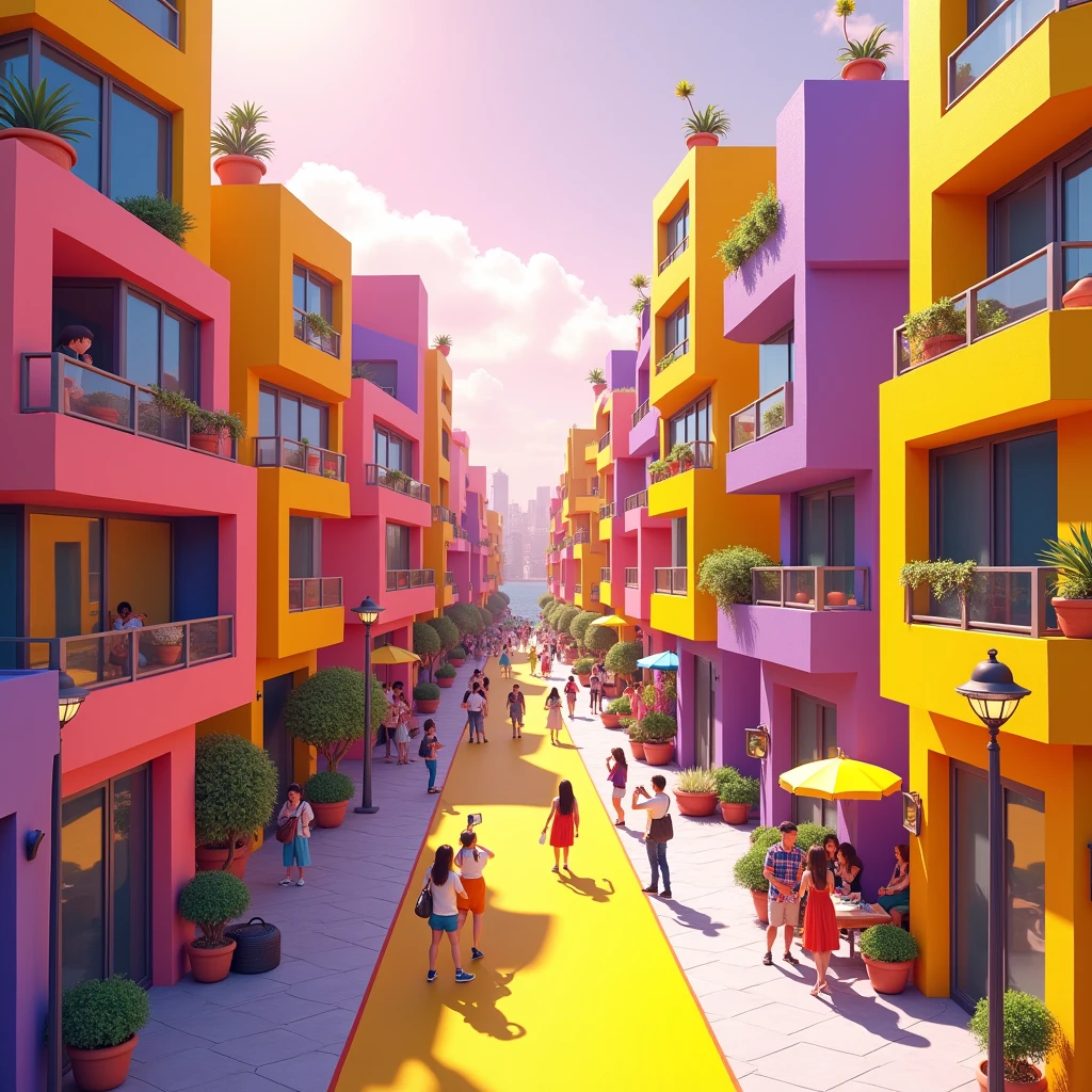 It is a city that has yellow colors alternating perfectly with pinks and purples. and the shape of the building resembles a camera People in the city like to take photos to update their lives.