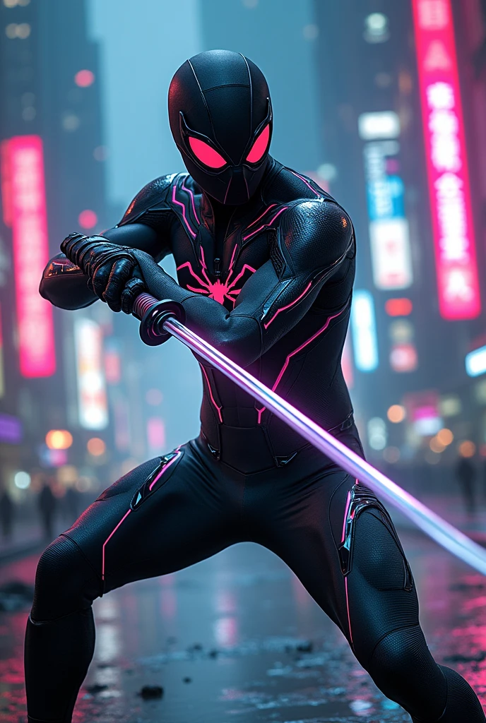 Spider man ninja with sword cyber neon suit black