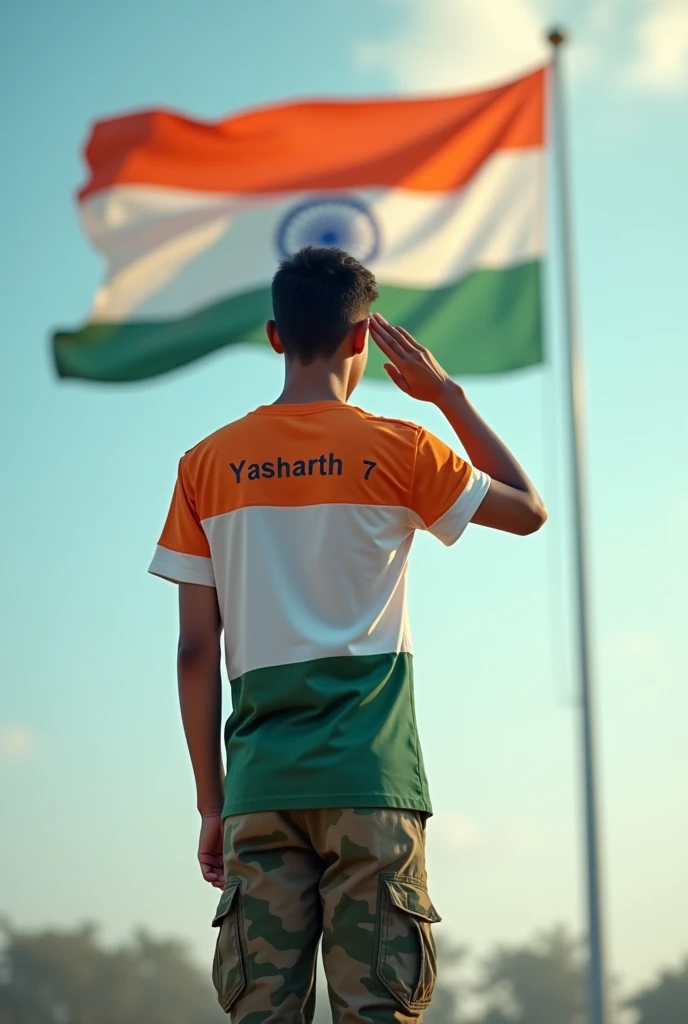 A huge tricolor flag of India is fluttering,  An 18 year old gym army man is Saluting in front of it facing towards the flag and the boy is wearing a tiranga colour T-shirt Is wearing a shirt with 'Yasharth' written on it and 7 written below 'Yasharth' and he is wearing army cargo pants and his back side is visible .Write the name, the flag should not be blur and do not forget to make the boy salute