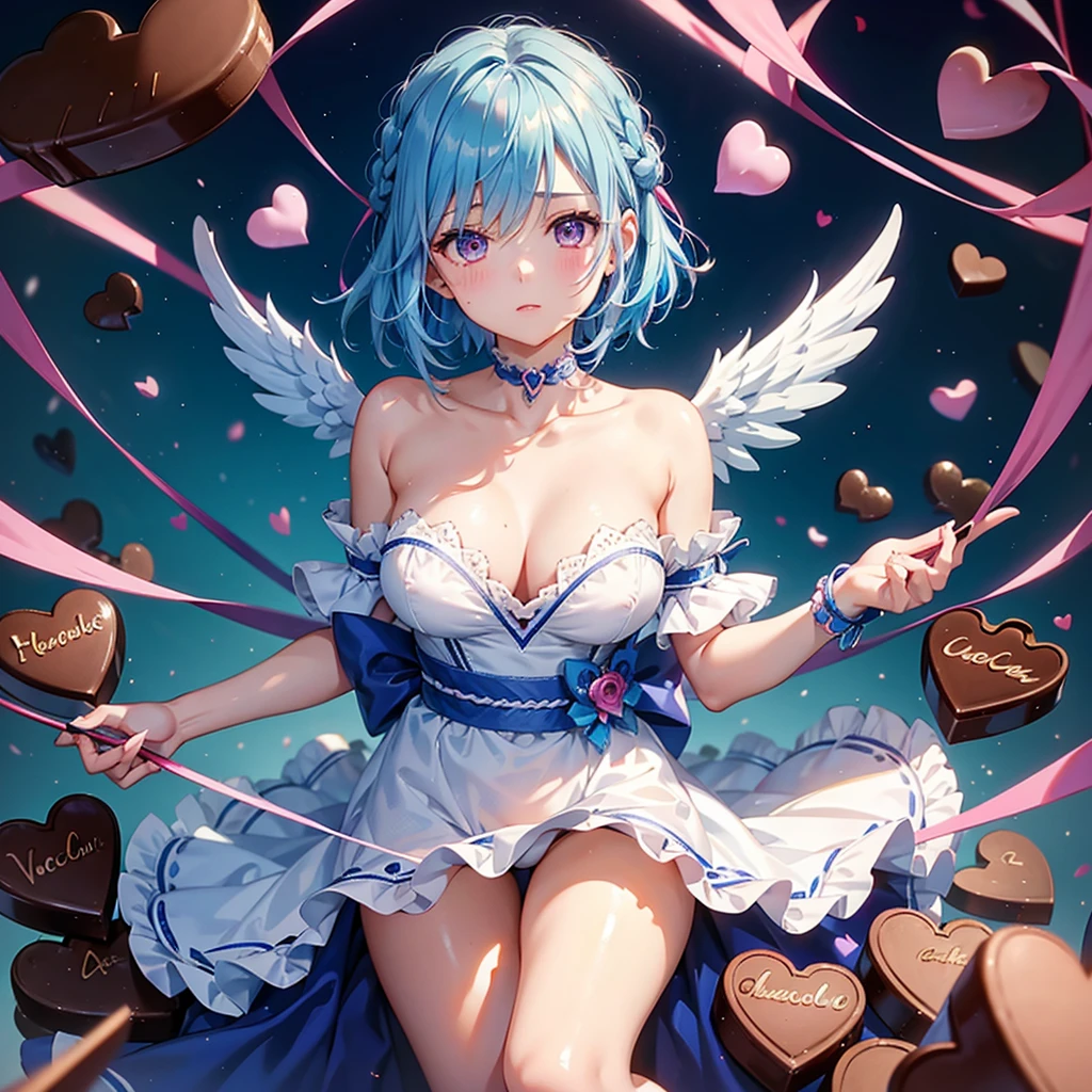 Sky blue hair、Braided Short Hair、Pink Eyes、Fair skin、whole body、One person、shy、Lots of hearts in the background、(Heart-shaped chocolate)、(Chocolate Angel)、Valentine's Day、masterpiece、Highest quality、Very detailed、Best Shadow、Detailed Background、Beautifully detailed face、High Contrast、Best lighting、Very delicate and beautiful、Cinematic Light、Hyper Detail、8k、Dramatic Light、Exquisite detail、