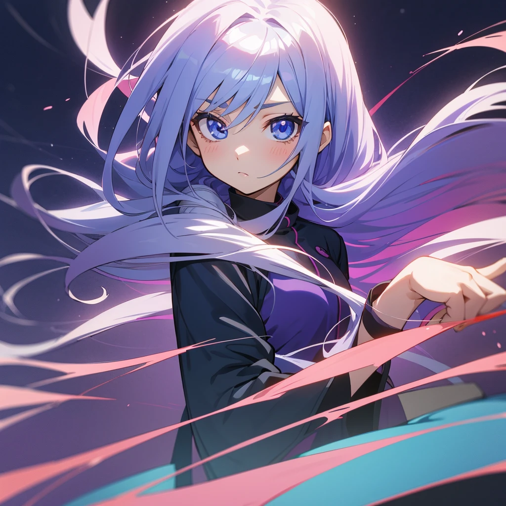 A cartoon girl with long hair and blue eyes wearing a purple shirt, 2D Anime Style, as an Anime characters, Long Hair Anime Girl, Anime-style characters, Young Anime Girl, In anime style, Anime characters, An anime character named Lucy, female Anime characters, Anime Moe Art Style, Silver Hair 、front、quiet、Calm