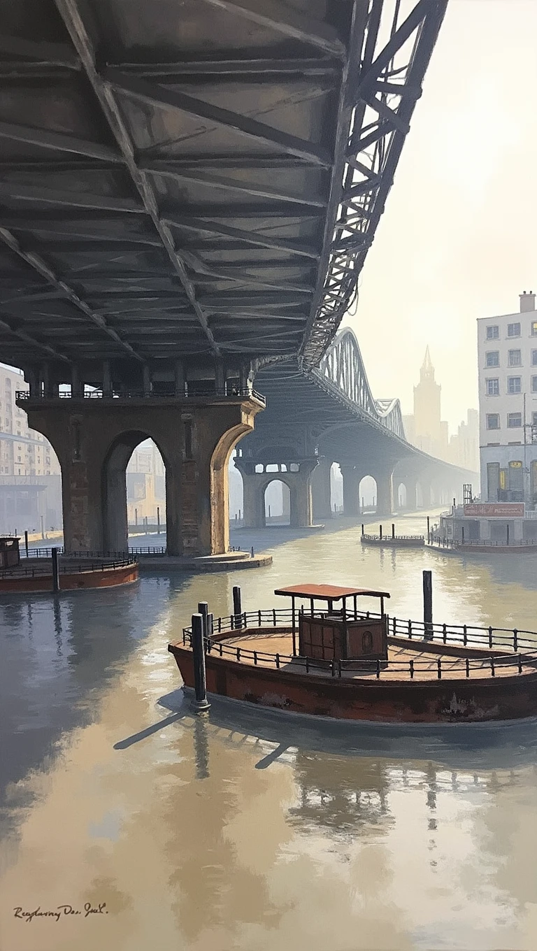 Under Birmingham digbeth Railways Bridge, haze, mist, diffusion light, bright golden hour, oil painting , Turner style