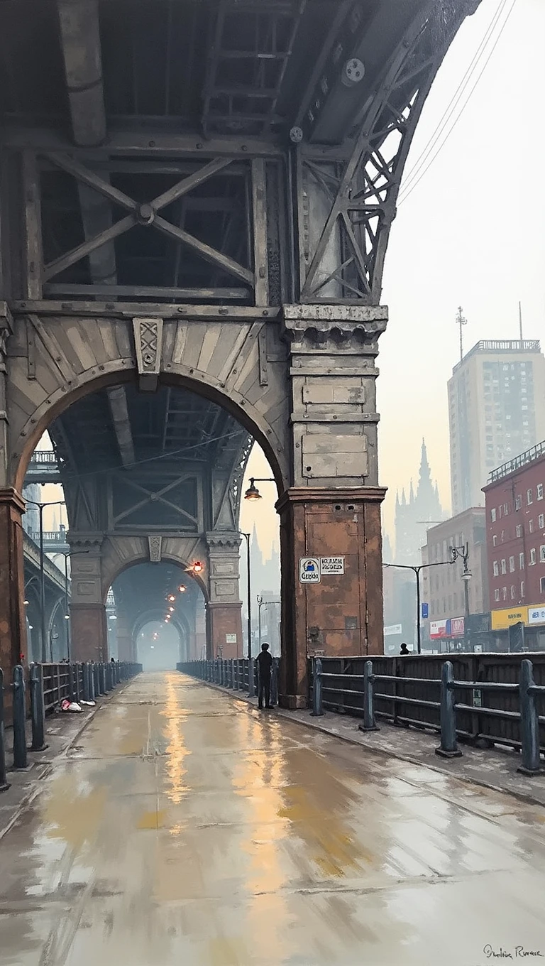 Under Birmingham digbeth Railways Bridge, haze, mist, diffusion light, bright golden hour, oil painting , Turner style