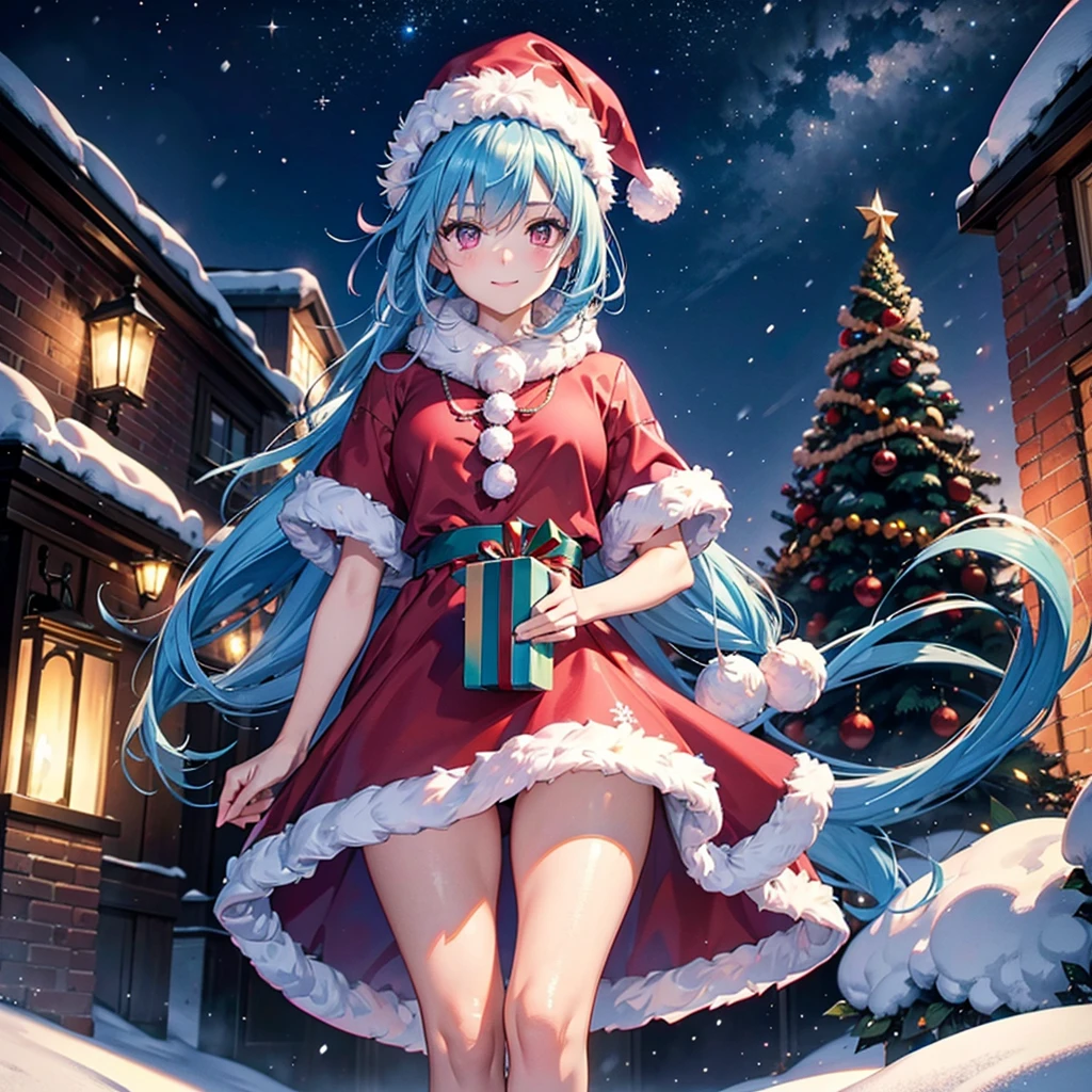 (Sky blue hair tied in a single strand),(Pink Eyes),Fair Skin,Full Body,Alone,smile,Santa Claus Clothes,Giant Christmas Tree in the Background,Snowy Night,Sparkling Night Sky,gift box,(Masterpiece, Top Quality, Very Detailed), Best Shadows,Detailed Background,Beautifully Detailed Face,High Contrast,Best Lighting, Very Delicate and Beautiful,Cinematic Light,Hyper Detail,8k,Dramatic Light,Exquisite Detail,Christmas colors,