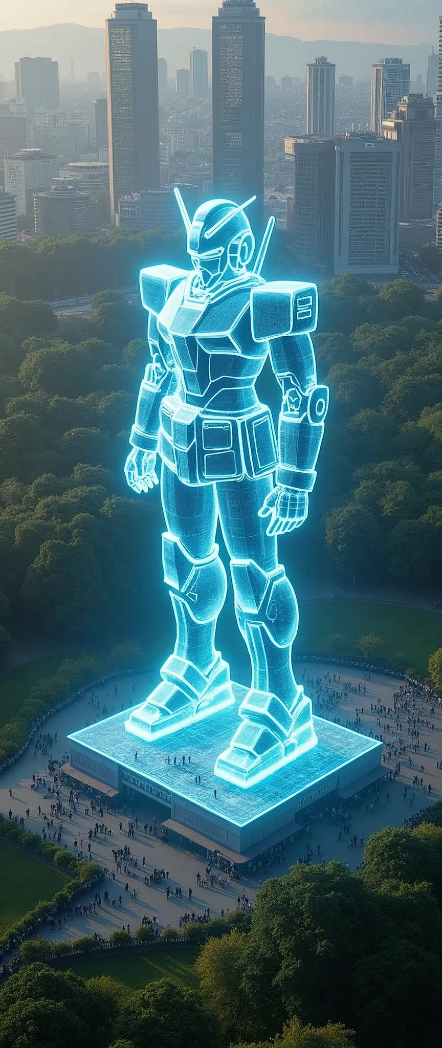 Landscape Photography,Shot from an airplane,(Japan,Tokyo,fort),(Future City:2.0),(((A holographic Gundam statue is projected in the park:2.0,A lot of people々a bustling park:2.0))),(masterpiece:1.2,Highest quality,Ultra-high resolution,Very detailed,8k,Realistic,Best aesthetics),beautiful,(dynamic)