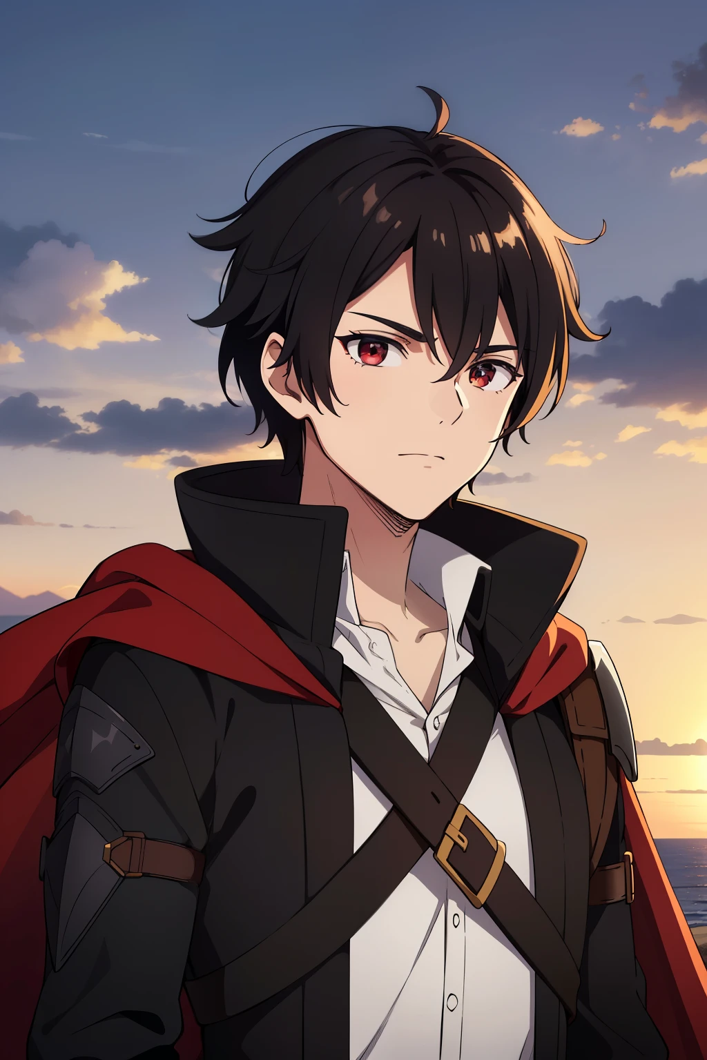 (high-quality, breathtaking),(expressive eyes, perfect face) 1boy, male, solo, young adult, Symmetrical Eyes, portrait, black hair, red eye color, short hair length, messy loose hair, neutral expression, soft smile, white shirt, black cloak red trim, fantasy attire, adventurer profession, sunset sky, summer theme, armor, cape
