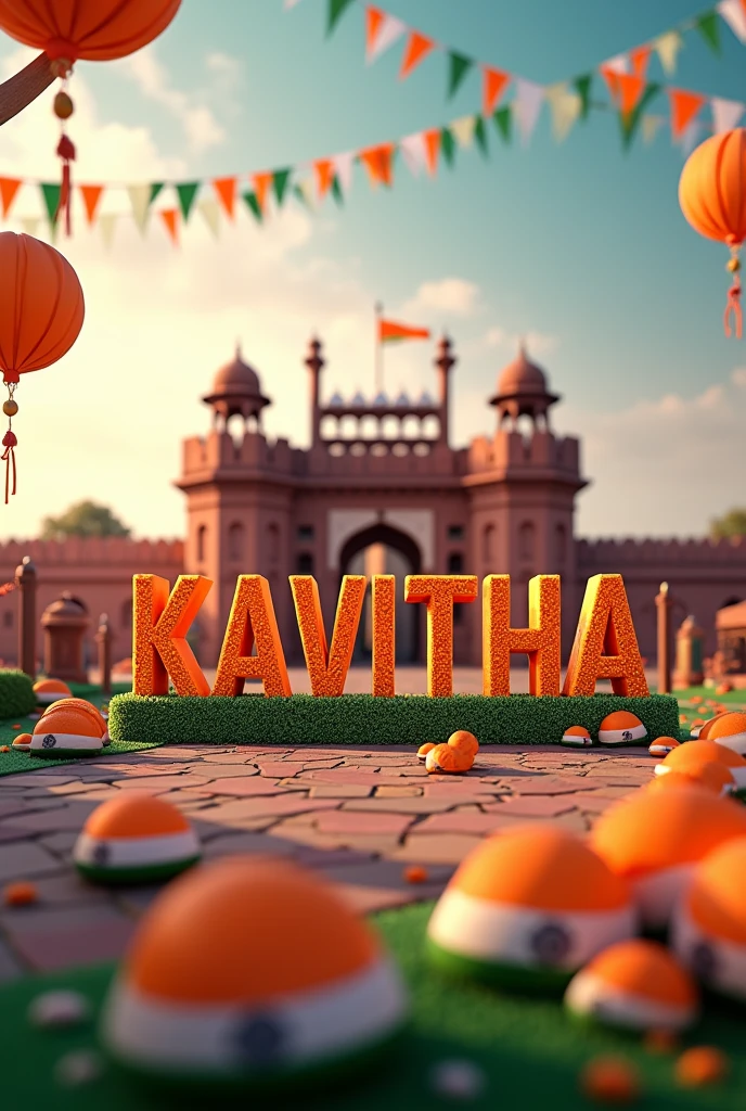 Create an 3D image names as KAVITHA with independence day celebration pictures and in front show red fort of india with India flag colours