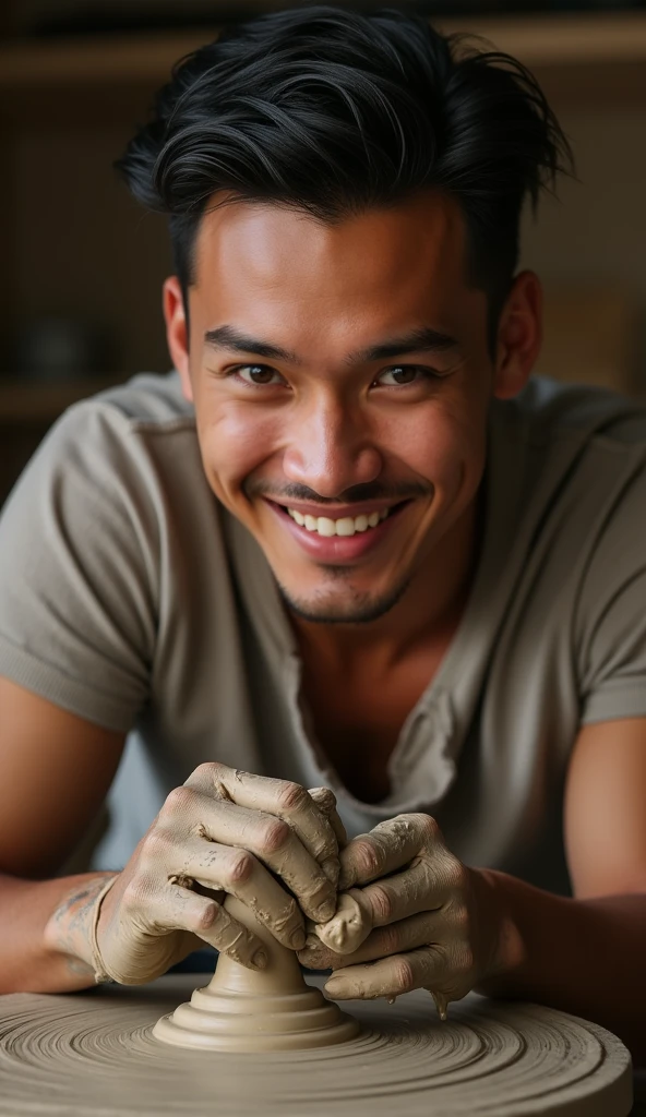 photorealistic, best quality, masterpiece, extremely detailed, side view, extremely handsome, 25 year old bruneian man, no facial hair, athletic build, huge smile, looking at camera, messy clay on hands and face, molding clay, on pottery wheel, in personal art studio, extremely romantic atmosphere, perfect face, perfect fingers, perfect hands, perfection