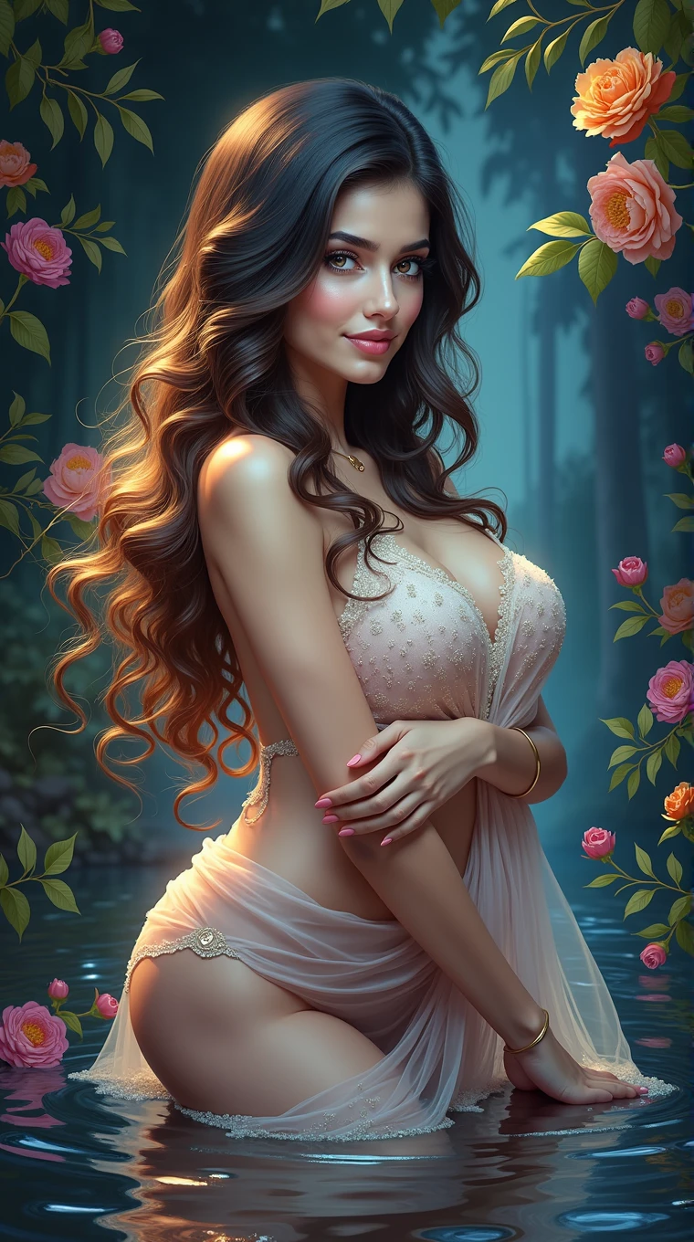 (detailed woman face, detailed eyes:1.1, light:1.1, sparkles everywhere), smiley face smile on face, huge breasts, hot body curves, beautiful flowers, buxom, indian super model, photo of slim girl, photo of slim girl, 2 4 year old female model, 1 8, beautiful woman body, beautiful sexy woman photo, provocative indian, water, oil painting, vibrant colors, serene, soft lighting, flowing long hair, graceful posture, shimmering reflections, tranquil atmosphere, gentle ripples, ethereal beauty, vivid brushstrokes., half naked, big breasts, detailed face, detailed eyes
