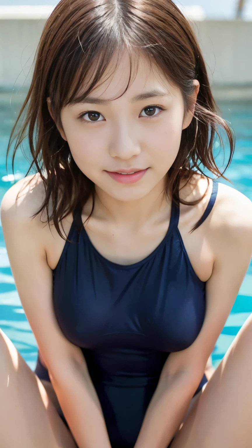 Very detailedな CG Unity 8k 壁紙、Highest quality、Very detailed、masterpiece、Realistic、Photorealistic and detailed, cute、solo、younger sister、Anxious、()、Fair skin、Round eyes、clavicle、Big ample breasts、The curves of her breasts are visible through her swimsuit、Full Body Shot、Skin-tight swimsuits、(((High leg)))、((Close to the skin、Navy blue swimsuit))、Poolサイドで、Pool、Smile here
