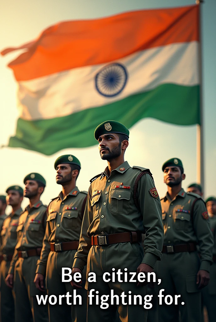 Create a photo with the Indian flag and Indian military soldiers and write "  Be a citizen, worth fighting for  " In the photo