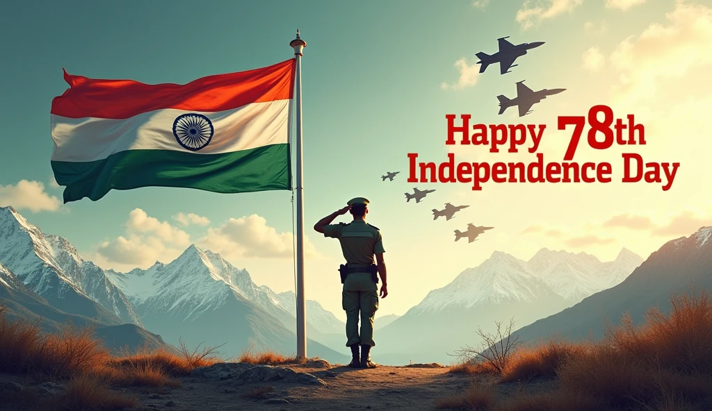 An Indian soldier solutes indian flag and in background there is mountains outside the border and sky colour is like flag colour, there is fighter planes in sky flying in background written happy 78th independence day in bold letters