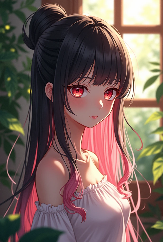 Anime girl, black pink mixing hairs red eyes,soft lighting, plants in background, window with sunlight, cozy room age 15 myth