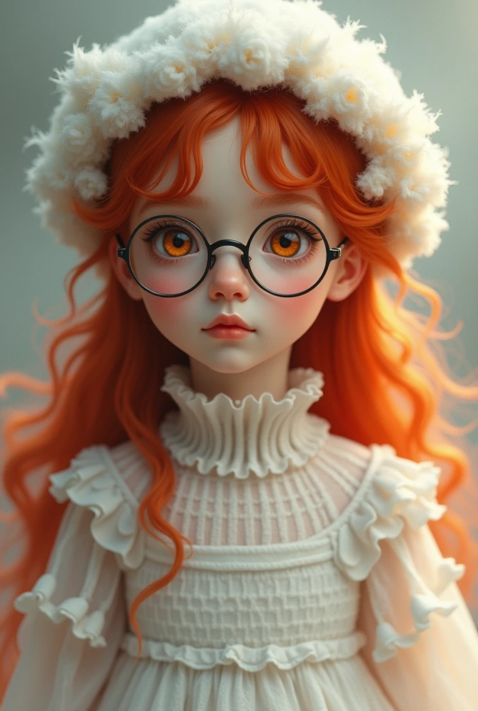 1 girl. red long hair. orange eyes. white fluffy dress. white hat. round glasses.