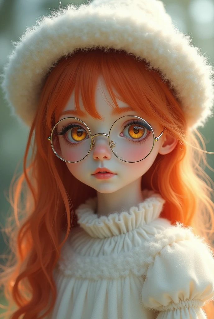 1 girl. red long hair. orange eyes. white fluffy dress. white hat. round glasses.