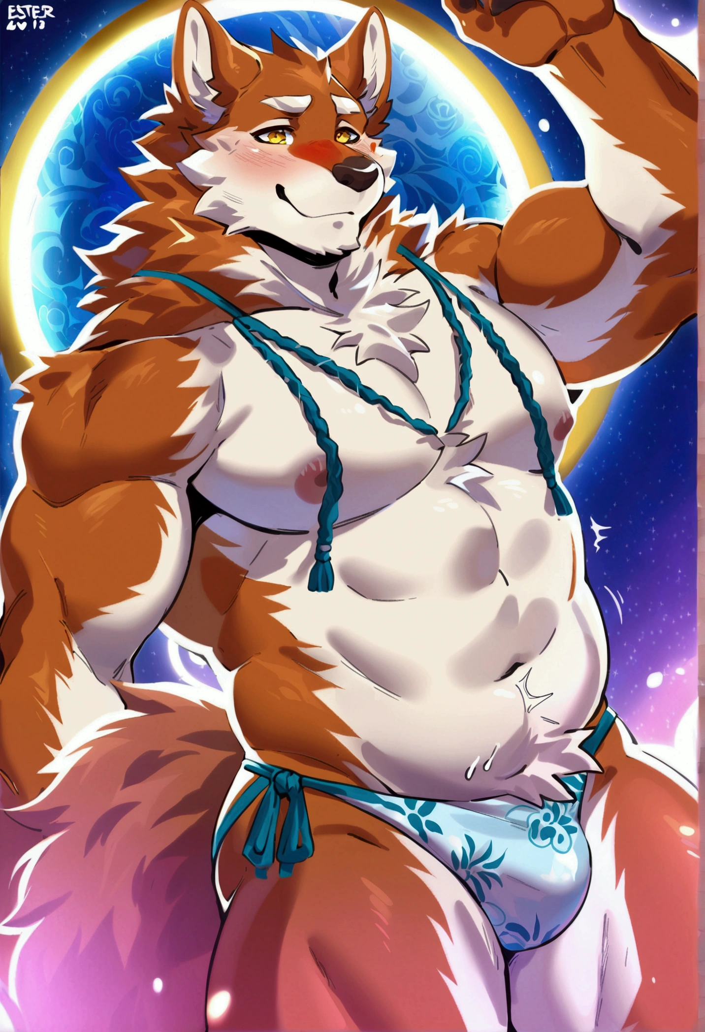 top quality, best quality, by estper, High-quality illustrations, masterpiece)(kemono, furry anthro), very beautiful and detailed body face and eyes, round, 1 male, wolf, slightly chubby, mature face, brown furs, fluffy, tail, perfect eyes, yellow eyes, heart pupils, beautiful shrine maiden swimwear, body movement, body twitching, red blushing, lust,