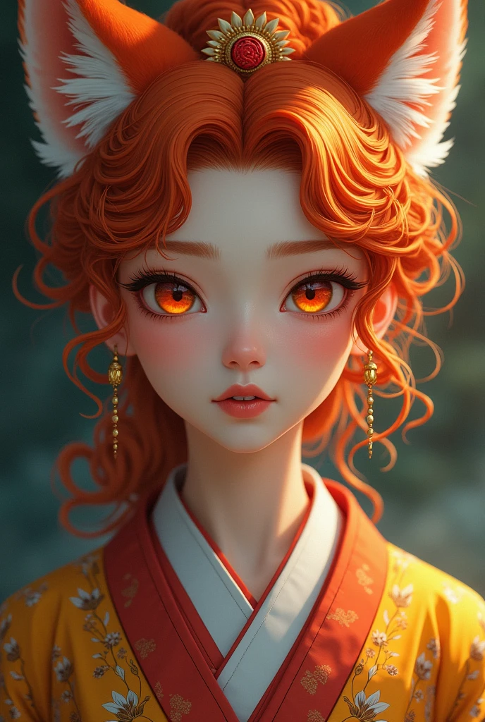 semi-realistic woman has a orange and red curly hair has a orange fox ears has a red and yellow eyes wear Korean cloths 