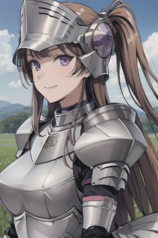 masterpiece, best quality, nmascot, purple eyes, helmet, (steel armor), (steel gauntlets), large breasts, field, sky, looking at the viewer, facing the viewer, smile, close-up