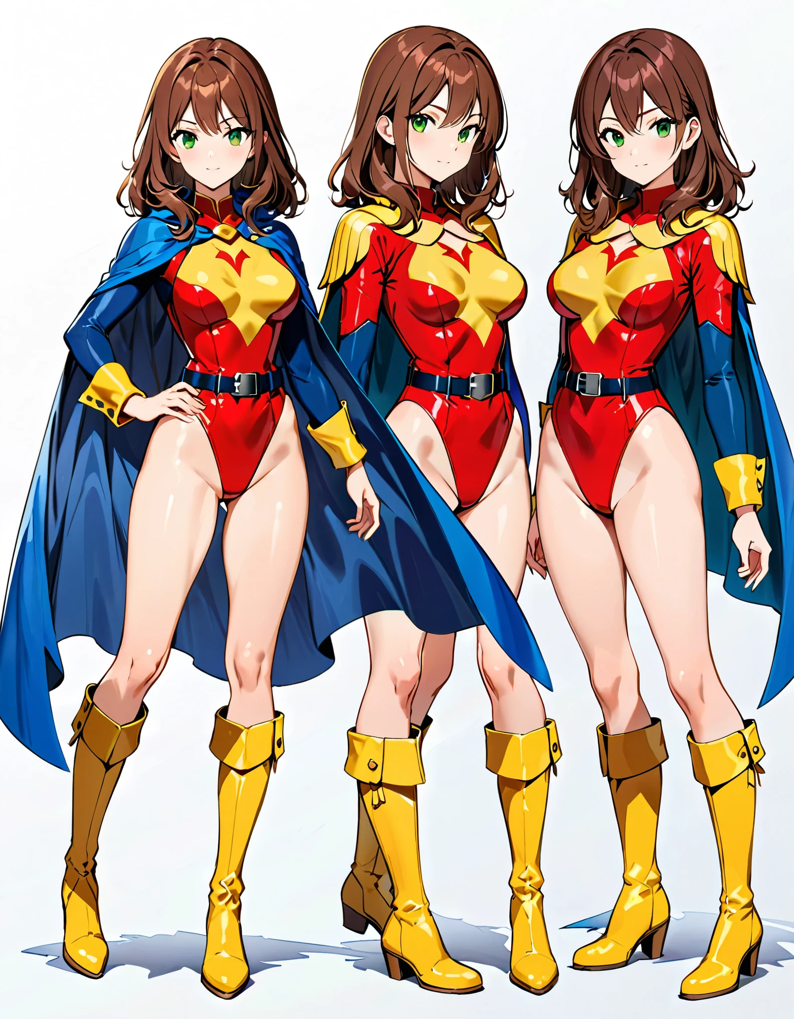 (masterpiece), (best quality), (high res), 1lady, tall body, professional, beautiful detailed eyes, beautiful detailed face, perfect hands, complete fingers, perfect anatomy, perfect proportions, ((brown hair, medium hair, hair down)), ((green eyes)), (leotard, matching leotard), ((red leotard, belt, tight belt, (bare legs))), ((boots, matching boots, knee-high boots, yellow boots)), breasts, medium breasts, (full body portrait), looking at viewer, solo, solo focus, standing, (blue sleeves, yellow cuffs), (yellow hawk/(symbol) on the chest/), ((medium cape, (blue cape))), full body costume design. Simple background, Multiple Views, Character Sheet Full-Length.