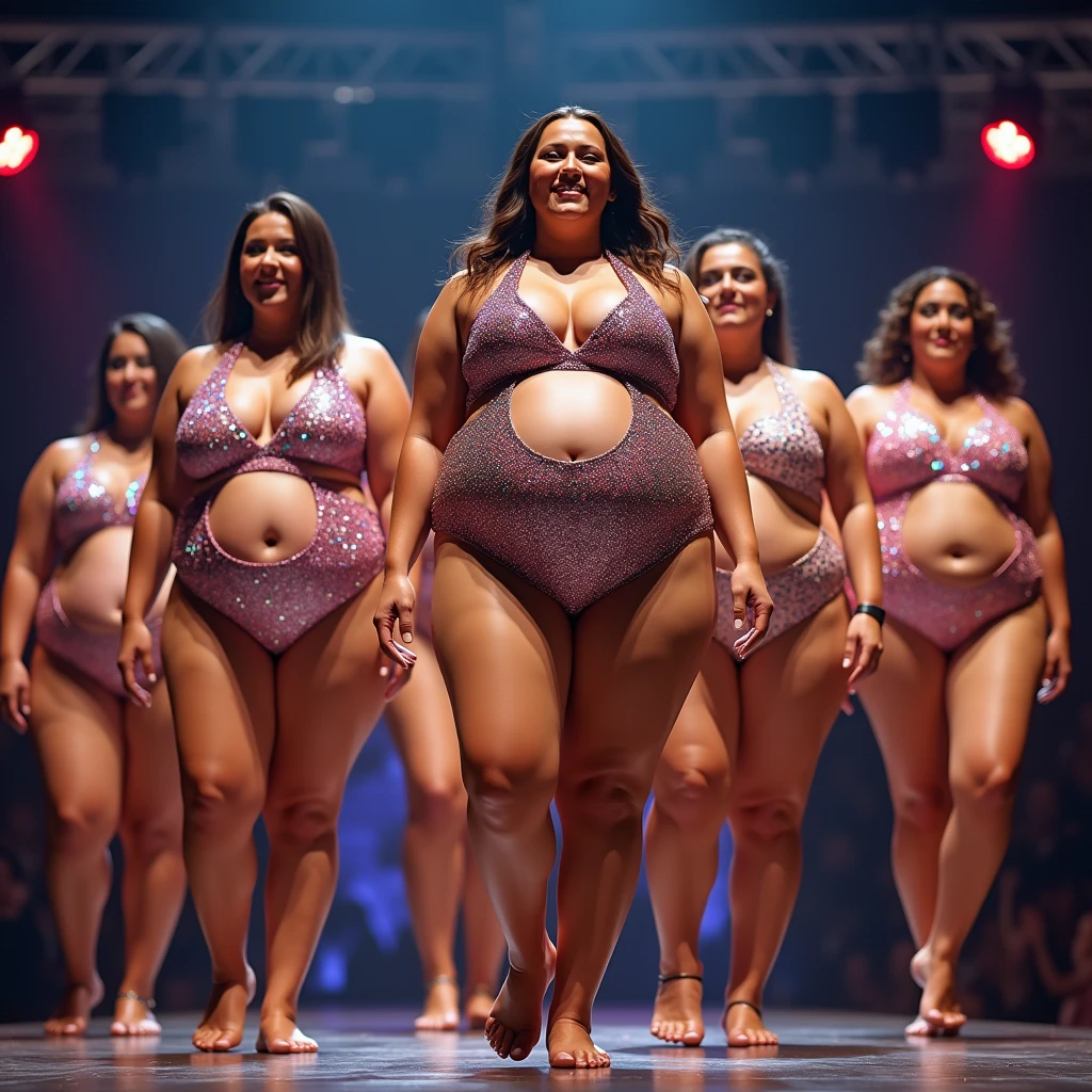 Seven plus size model women are obese and overweight, with plenty of belly fat, they have gained weight by eating too much, they are obese plus size models with very large bellies, their bellies are bulging and covered with a lot of fat, they are wearing glittering and colorful swimsuits and are on the stage of a contest to compete for their body size, 4K quality, low angle