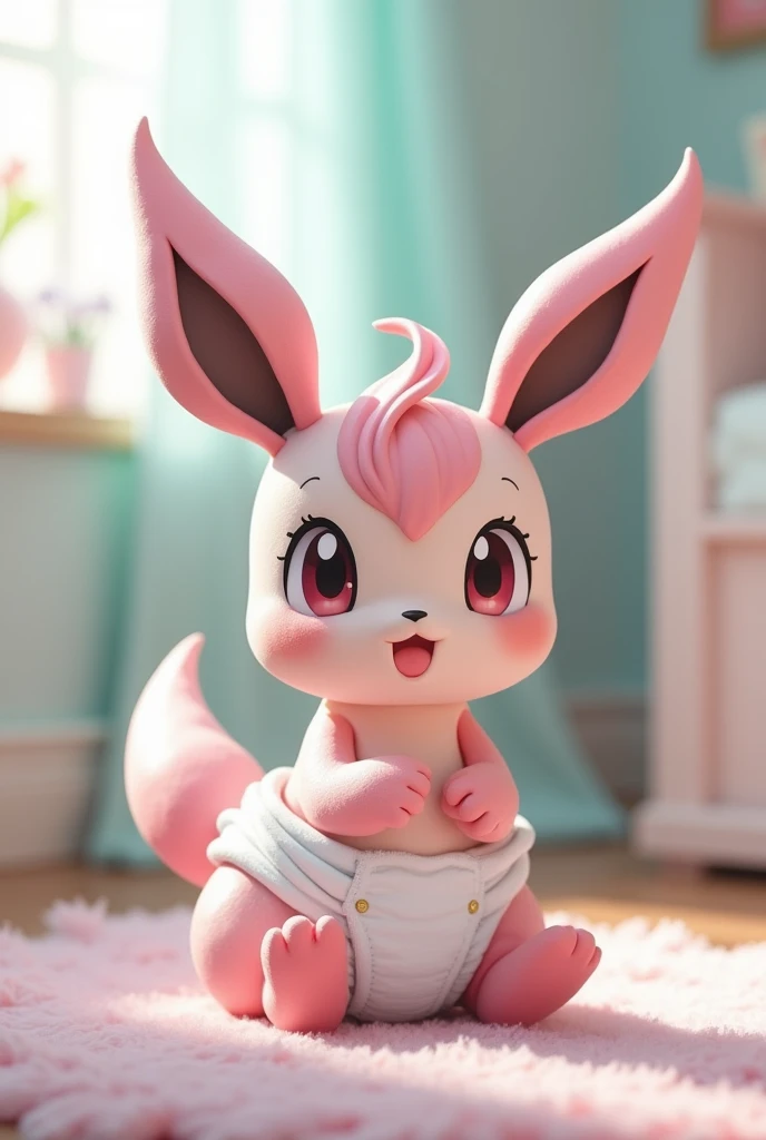 (3d lego figurine of a sylveon on the side of a window), feral, sitting, solo, detailed background, depth of field