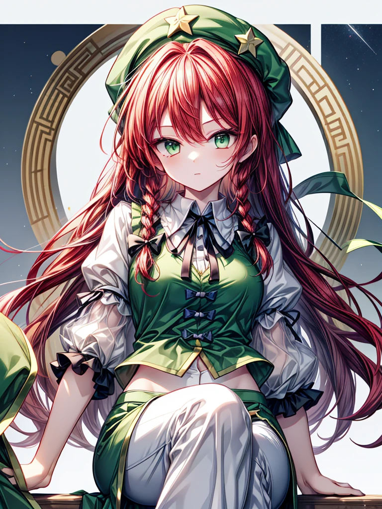 1girl, hong meiling (touhou), green eyes, long hair, red hair, twin braids, chinese clothes, green headwear, beret, white shirt, green vest, green skirt, green dress, collared dress, puffy short sleeves, frilled sleeves, black ribbon, neck ribbon, white pants, star (symbol), black bow, hair bow