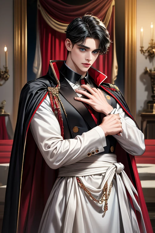 
masterpiece, 最high quality, high quality, 1 boy, alone, Male focus, Watching the audience,  Messy black hair, Adorable big blue eyes, White, Noble, Noble,A black and red cape that is bursting with sexy volume、Tuxedo、A very voluminous, large, very large, very large, long, long red and black cape with a high stand-up collar, made of a lot of fabric that reaches down to the floor., ,Cute beautiful boys,Cute, cute, kind, handsome guy