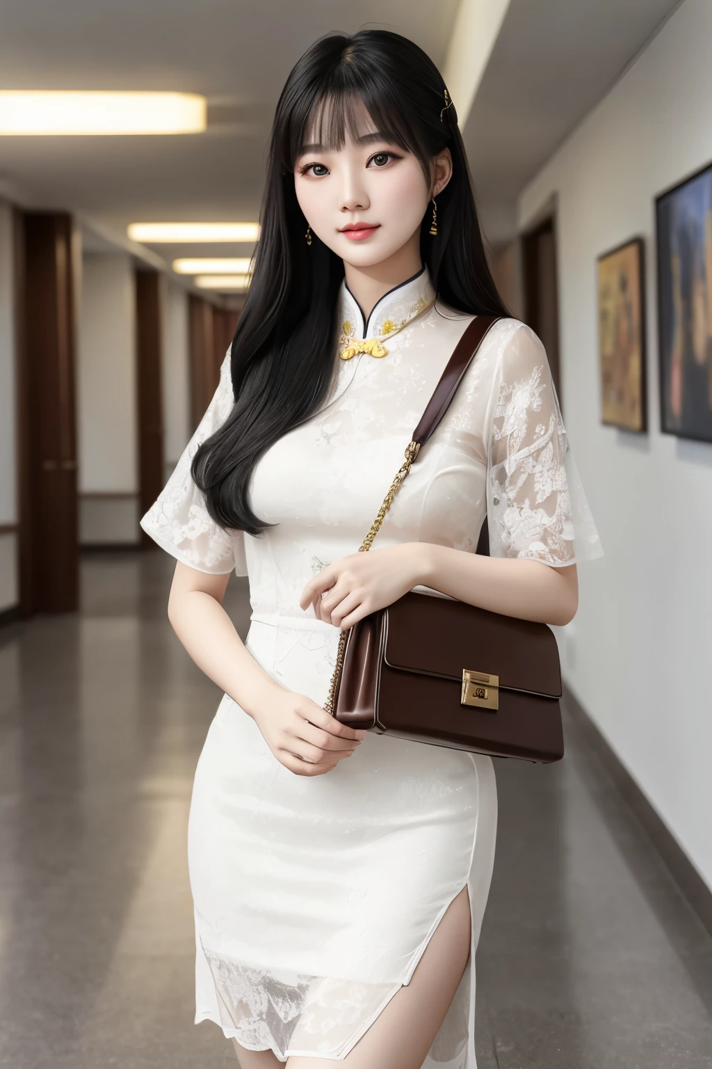 Chinese sexy girl, (20 years old), in the university, hall, noon, handbag, dress, confident expression, (front view), (face and eye details), (masterpiece, best quality, highly detailed), (lifelike, natural, naturalistic, photographic, realistic)