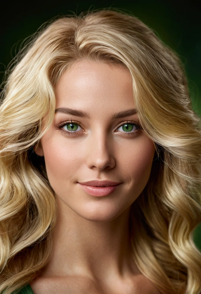 Create a hyper-realistic portrait of a stunning woman with blonde hair and striking green eyes. Her hair is naturally wavy and cascades down her shoulders. Her skin is flawless with a soft, natural glow, and she has a warm, inviting smile. The background is softly blurred to keep the focus on her captivating features. The overall style should be photorealistic, capturing intricate details like the texture of her hair, the clarity of her eyes, and the subtle expressions on her face.