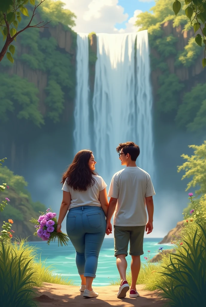 Image a plus size women and a slim man wearing specks and looking at her happily they are walking towards the waterfalls and he is caarying that violet flowers for her they both near his thar