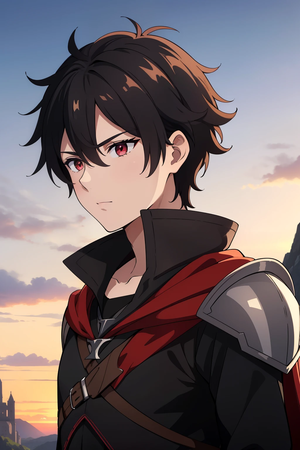 (high-quality, breathtaking),(expressive eyes, perfect face) 1boy, male, solo, young adult, Symmetrical Eyes, portrait, black hair, red eye color, short hair length, messy loose hair, neutral expression, soft smile, white shirt, black cloak red trim, fantasy attire, adventurer profession, sunset sky, summer theme, armor, cape
