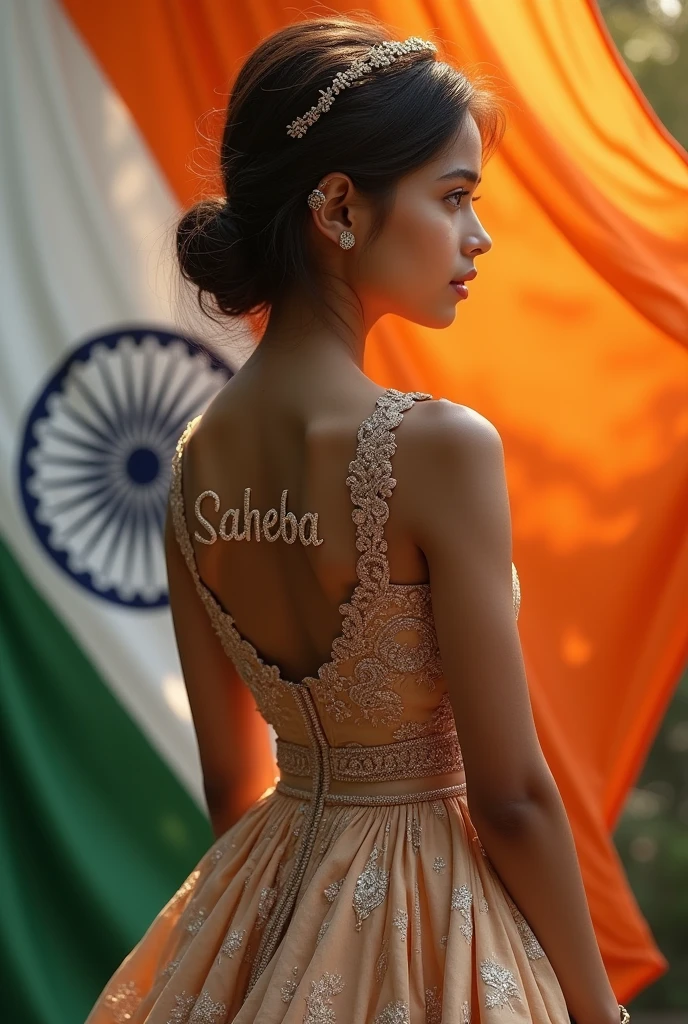 A girl stand and wering a dress back side write his name ' saheba '  with a Indian flag 