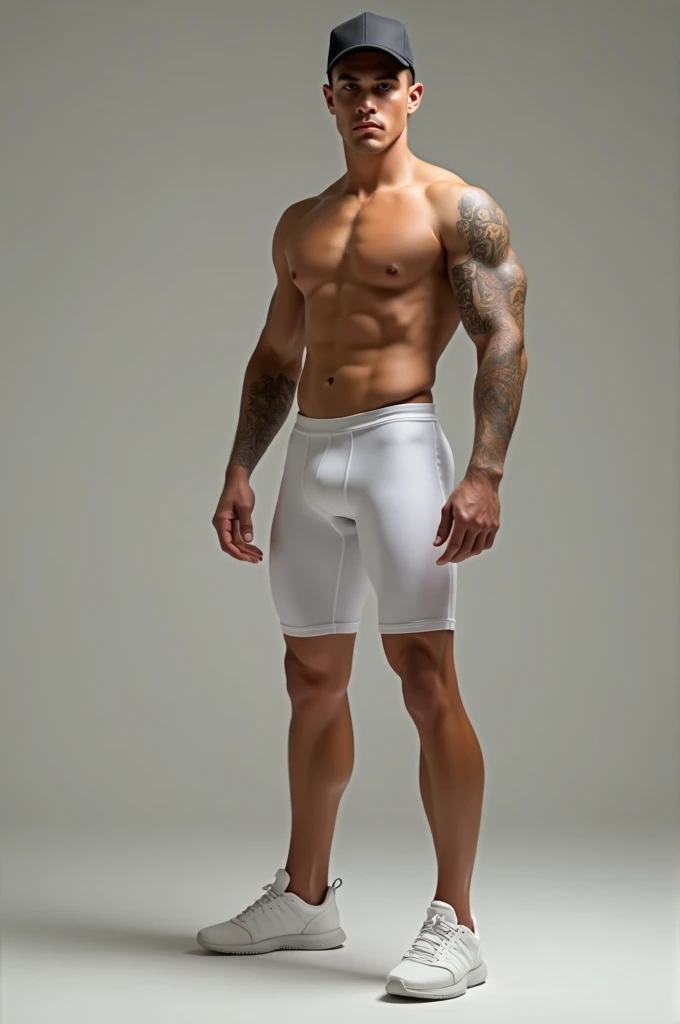 Athletic 20-year-old man wearing white lycra shorts, large lump between legs, He's in an erotic pose, Bring a dark cap and white tennis shoes, with white skin tanned, Brown hair, with a tattooed arm 