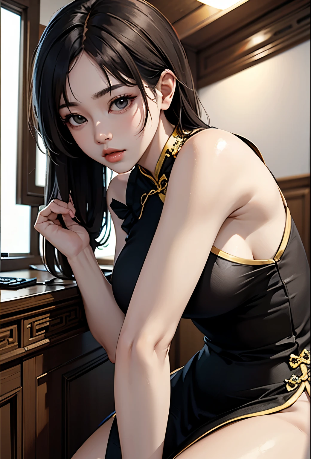 realisticlying，1girl，putting makeup on，ChineseGirl，lips parted，Be red in the face，（chinaware），Light smile，east asian architecture，suns，rays of sunshine，inverted image，hair adornments，Five fingers are normal，two hands，on cheongsam，horse tailed。