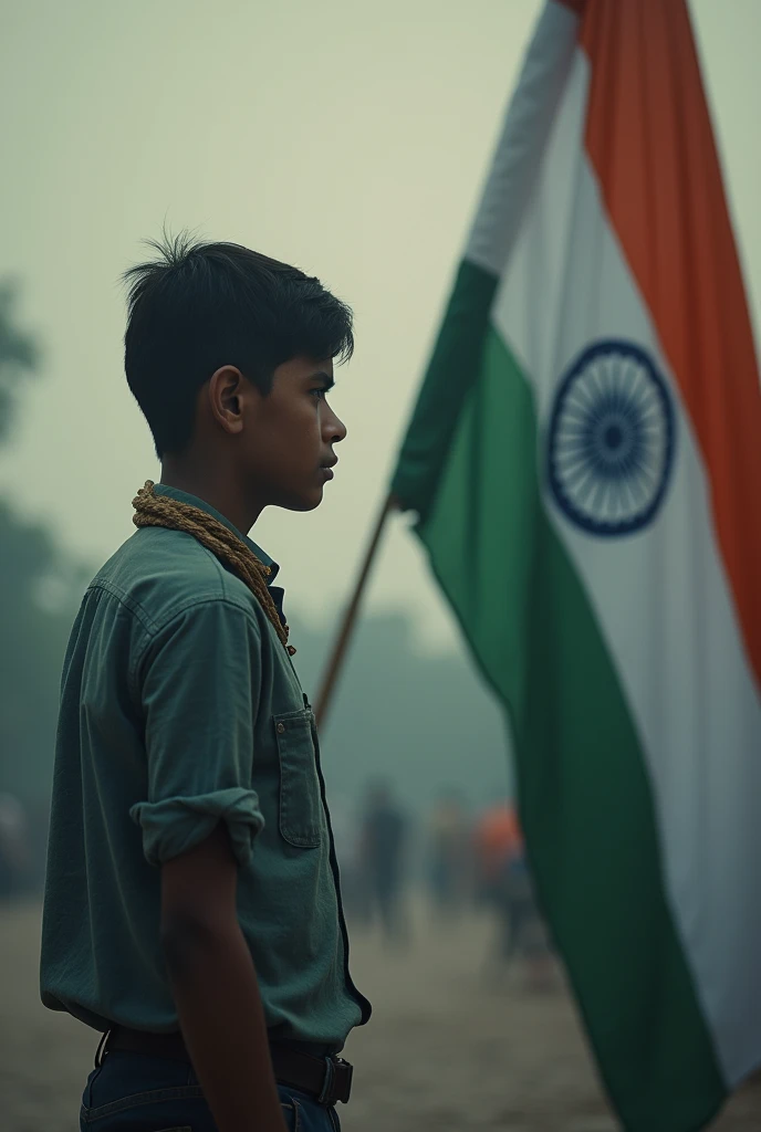 An adult boy is looking towards the Indian national flag with a noose around his neck