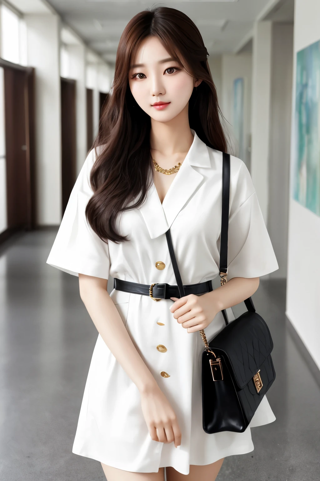 Korean sexy girl, (20 years old), in the university, hall, noon, handbag, dress, confident expression, (above view), (face and eye details), (masterpiece, best quality, highly detailed), (lifelike, natural, naturalistic, photographic, realistic)