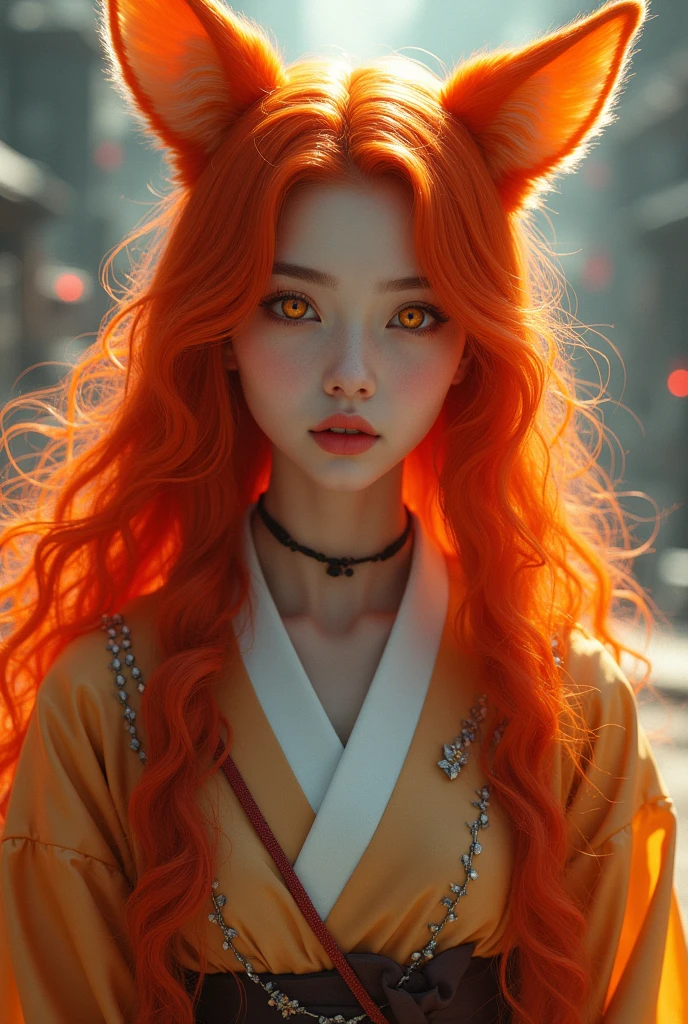 semi-realistic woman has a long orange and red curly hair has a orange fox ears has a red and yellow eyes wear Korean cloths