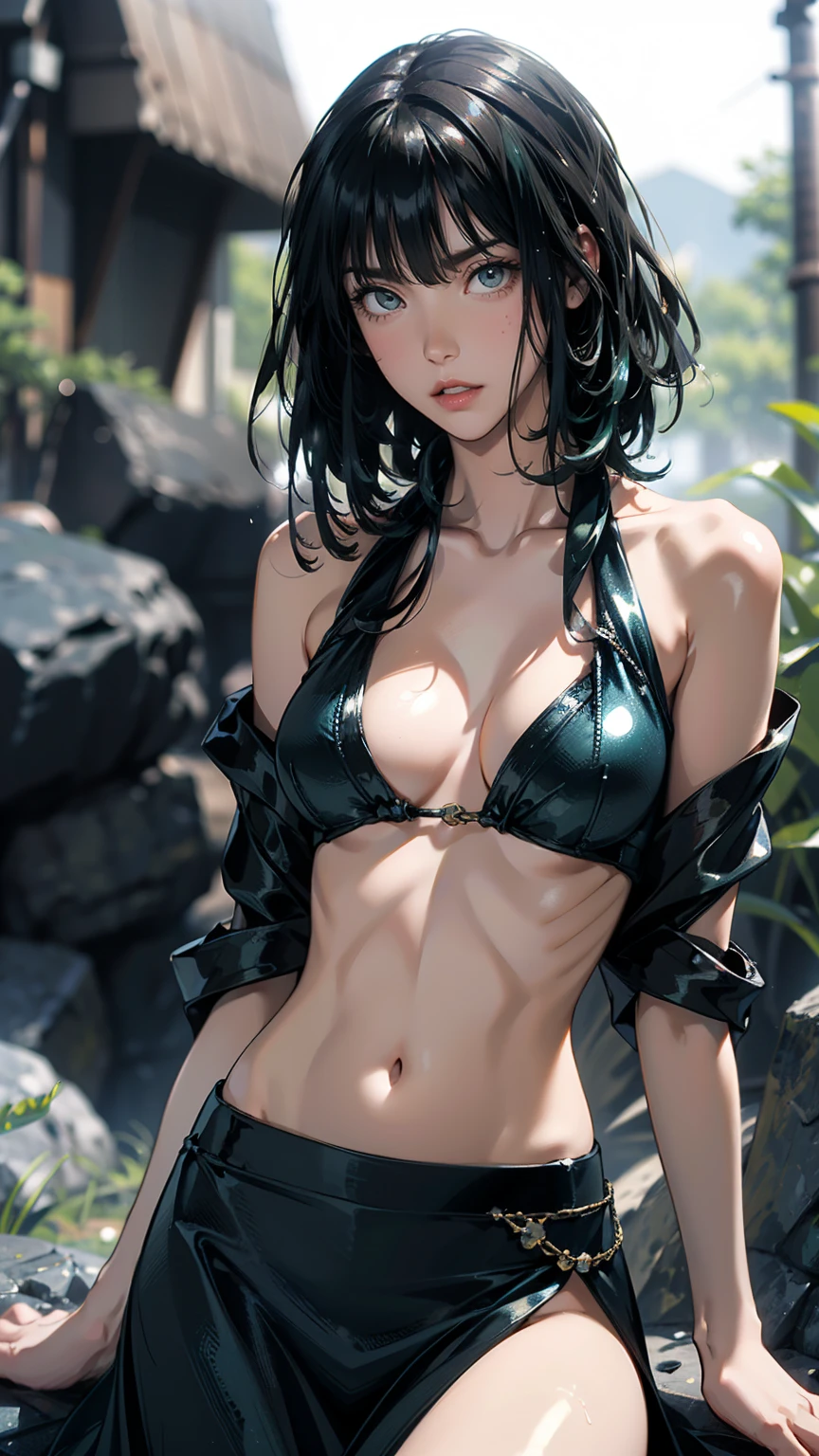 （lifelike， high - resolution：1.3）， 1 girl with a perfect body，slender body, Super fine face and eyes，assasin, dark makeup, shiny skin， blue green hair, blue highlights, blunt bangs, (toned stomach)，Expose cleavage, (bracelets, tooth jewelry, a lot of necklaces, very long necklaces, necklaces down to stomach, body chains, waist chains, slender body, skinny), (post apocalyptic future, jungle wasteland. torn clothes, torn to shreds kimono, katana), (wet skin, shiny skin), small breasts, (((savagelands, katana)))