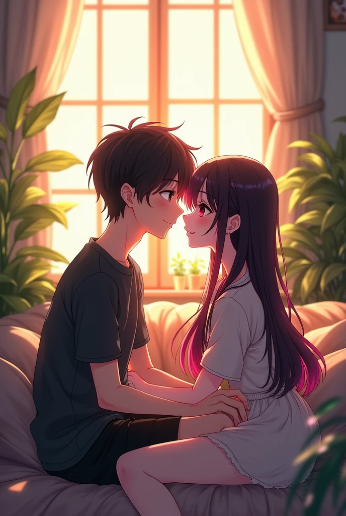 An anime boy on the couch with his sister kissing enjoying on top of the boy making love