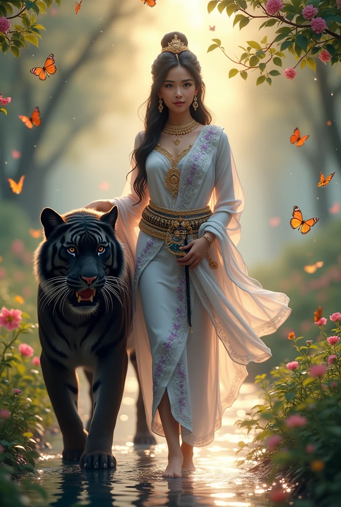 full lenght hiper 4k Full body image of a young woman, beautiful face, gentle and soft, white skin, 21 years old, long black hair, wearing a white ancient Dusit Thai dress with purple and pink sparkles, a black and gold sarong, a beautiful and exquisite nine-pointed belt, a white and gold shoulder shawl, sparkling. Full body image, wearing a small crown on her head decorated with emeralds, glowing light, aura around her, on the side there is a huge black tiger with emerald eyes, wearing gold accessories walking beside the young woman, in the middle of a small stream, there are colorful butterflies flying around, glowing light, sparkling beautifully. Oil painting, 3D image, beautiful and sharp. Art image of Professor Chalermchai